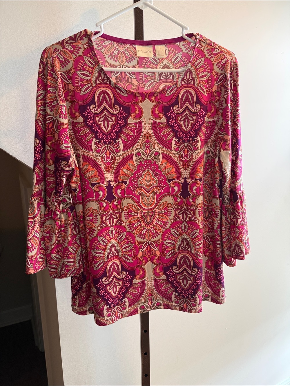Chico's Fuchsia and Cream Paisley Scoop Neck Long Sleeve Top